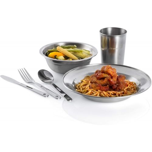 Wealers Unique Complete Messware Kit Polished Stainless Steel Dishes Set Tableware Dinnerware Camping Buffet Includes - Cups Plates Bowls Cutlery Comes in Mesh Bags (4 Person Set)
