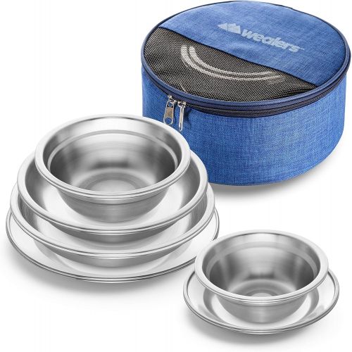  Wealers Stainless Steel Plates and Bowls Camping Set Small and Large Dinnerware for Kids, Adults, Family Camping, Hiking, Beach, Outdoor Use Incl. Travel Bag (12 Piece Set)