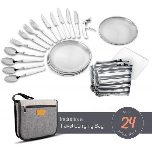  Wealers Camping Silverware Kit Cutlery Organizer Utensil Picnic Set - 24 Piece Mess Kit for 4 - Stainless Steel Plate Spoon Butter and Serrated Knife Wine Opener Fork Napkin Hiking - Camp