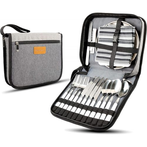  Wealers Camping Silverware Kit Cutlery Organizer Utensil Picnic Set - 24 Piece Mess Kit for 4 - Stainless Steel Plate Spoon Butter and Serrated Knife Wine Opener Fork Napkin Hiking - Camp
