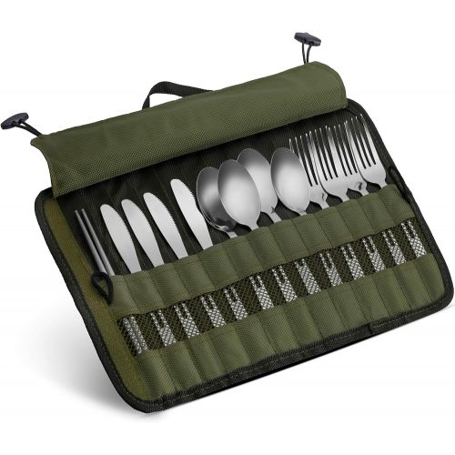  Wealers 24 Piece Camp Kitchen Cooking Utensil Set Travel Organizer Grill Accessories Portable Compact Gear for Backpacking BBQ Camping Hiking Travel Cookware Kit Water Resistant Case (Gree