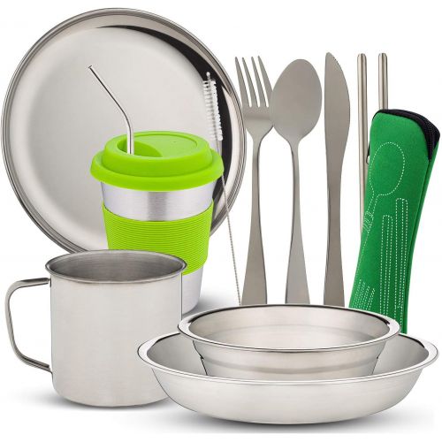  Wealers 10-Piece Camping Dish Set - Stainless Steel Camp Mess Kit with Mesh Bag for Camping, Backpacking, Hiking - Complete Camping Dinnerware Set with Cup, Plate, Bowl, and Cutlery (with