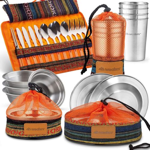  Wealers 35 Piece Camp Complete Messware Kit Polished Stainless Steel Dishes Set Tableware Dinnerware for Backpacking BBQ Camping Hiking Travel Cookware Kit Water Resistant Case