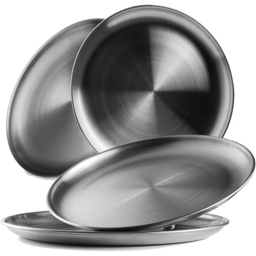  Reusable Brushed Metal 18/8 Dinner Plates- Vintage Quality 304 Stainless Steel Silver Color Heavy Duty Kitchenware Round Metal 9 Inch Plates | Dishwasher Safe | BPA Free| Use for B