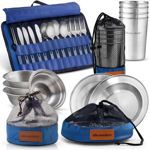  [아마존베스트]Wealers Unique Complete Messware Kit Polished Stainless Steel Dishes Set| Tableware| Dinnerware| Camping| Buffet| Includes - Cups | Plates| Bowls| Cutlery| Comes in Mesh Bags (4 Pe