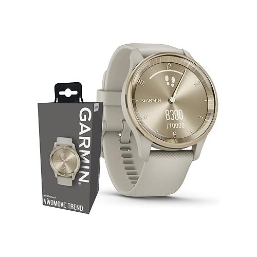  Wearable4U Garmin vivomove Trend 40 mm Smartwatch, Cream Gold/French Gray - 2023 Unisex Stylish Analog Fitness Hybrid Watch with Smart Notifications, Touchscreen E-Bank Bundle