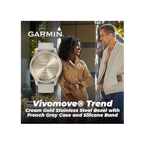  Wearable4U Garmin vivomove Trend 40 mm Smartwatch, Cream Gold/French Gray - 2023 Unisex Stylish Analog Fitness Hybrid Watch with Smart Notifications, Touchscreen E-Bank Bundle