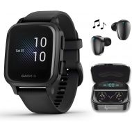 Garmin Venu Sq Music GPS Best Multisport Fitness Smartwatch Black/Slate with Wearable4U Black Earbuds with Charging E-Bank Case Bundle