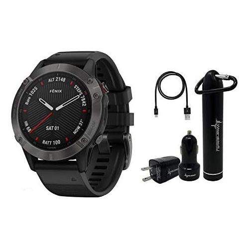  Garmin Fenix 6 Premium Multisport GPS Watch with Pulse Ox with Included Wearable4U Power Pack Bundle (Sapphire/Carbon Gray DLC with Black Band)