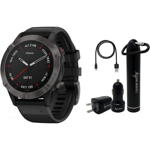  Garmin Fenix 6 Premium Multisport GPS Watch with Pulse Ox with Included Wearable4U Power Pack Bundle (Sapphire/Carbon Gray DLC with Black Band)