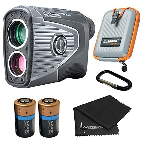  Wearable4U Bushnell PRO XE Advanced Laser Golf Rangefinder with Included Carrying Case, Carabiner, Lens Cloth, and Two (2) CR2 Batteries Bundle