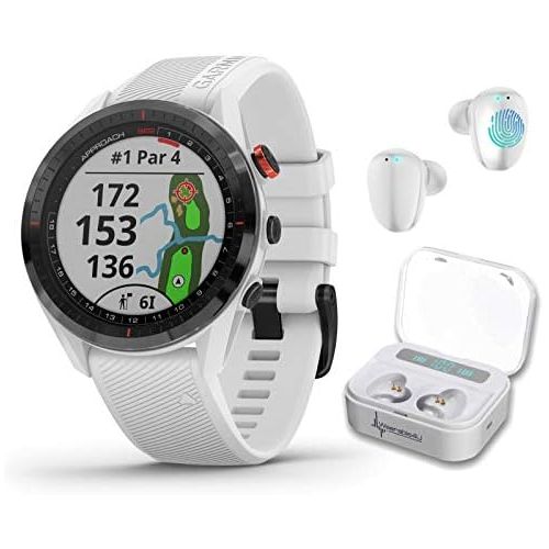  Garmin Approach S62 Premium GPS White Golf Watch with Wearable4U White Earbuds with Charging Power Bank Case Bundle