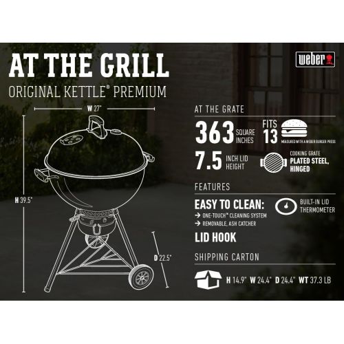  Weber 14401001 Original Kettle Premium Charcoal Grill, 22-Inch, Black