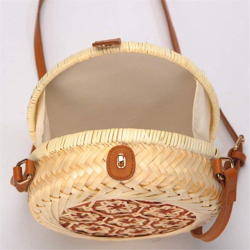  Wecoop Women Vintage Tote Handwoven Round Straw Rattan Bamboo Weave Shoulder PU Leather Straps Button Snap Closure Crossbody Crossbody Purses