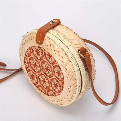  Wecoop Women Vintage Tote Handwoven Round Straw Rattan Bamboo Weave Shoulder PU Leather Straps Button Snap Closure Crossbody Crossbody Purses