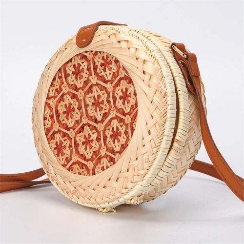  Wecoop Women Vintage Tote Handwoven Round Straw Rattan Bamboo Weave Shoulder PU Leather Straps Button Snap Closure Crossbody Crossbody Purses