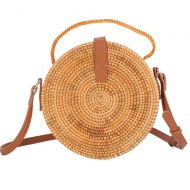 Wecoop Women Vintage Tote Handwoven Round Rattan Straw Beach Top Handle Purse Shoulder Bag with Linen Inside and Clasp PU Leather Crossbody Purses