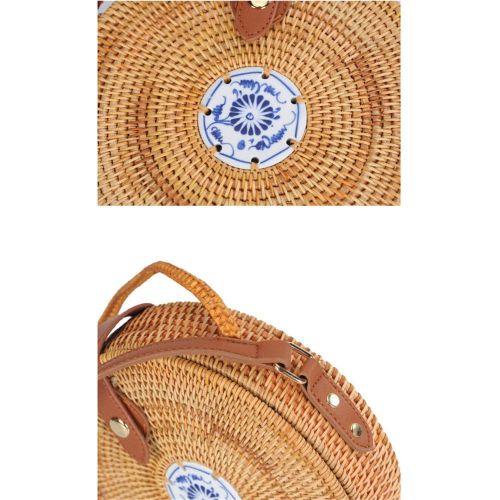  Wecoop Women Vintage Tote Handwoven Round Rattan Straw Beach Top Handle Purse Shoulder Bag with Linen Inside and Clasp PU Leather Crossbody Purses