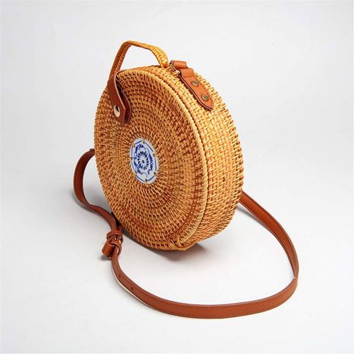  Wecoop Women Vintage Tote Handwoven Round Rattan Straw Beach Top Handle Purse Shoulder Bag with Linen Inside and Clasp PU Leather Crossbody Purses