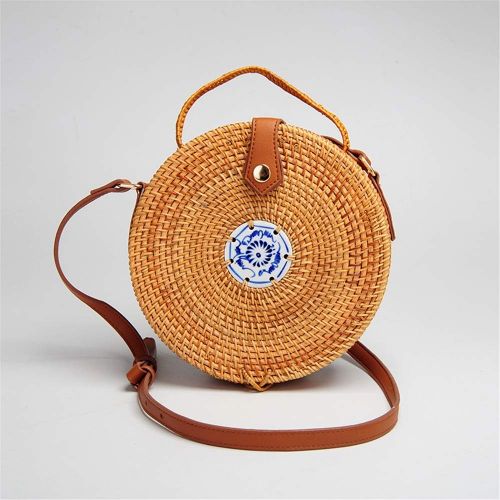  Wecoop Women Vintage Tote Handwoven Round Rattan Straw Beach Top Handle Purse Shoulder Bag with Linen Inside and Clasp PU Leather Crossbody Purses