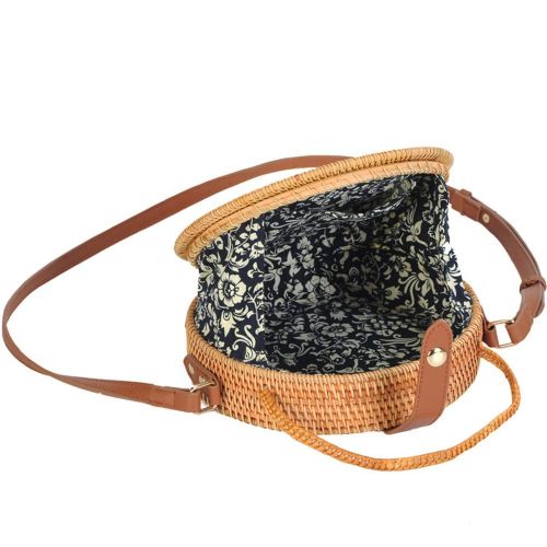  Wecoop Women Vintage Tote Handwoven Round Rattan Straw Beach Top Handle Purse Shoulder Bag with Linen Inside and Clasp PU Leather Crossbody Purses