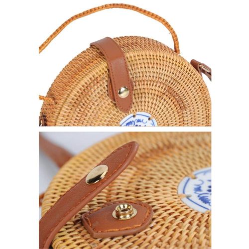  Wecoop Women Vintage Tote Handwoven Round Rattan Straw Beach Top Handle Purse Shoulder Bag with Linen Inside and Clasp PU Leather Crossbody Purses