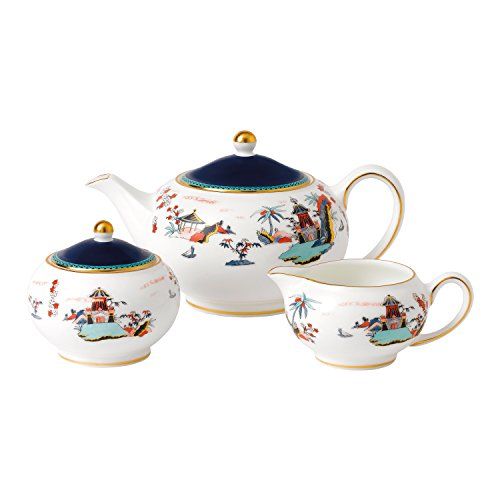  Wedgwood 40031717 Wonderlust TEAPOT, SUGAR & CREAMER, 15 Ounce, 5 Ounce Sugar, 5 Ounce Creamer, Blue/White