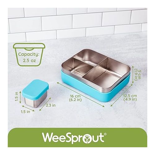  WeeSprout 18/8 Stainless Steel Bento Box (Compact Lunch Box) - 3 Compartment Metal Lunch Containers, for Kids & Adults, Bonus Dip Container, Fits in Lunch Bag & Backpack