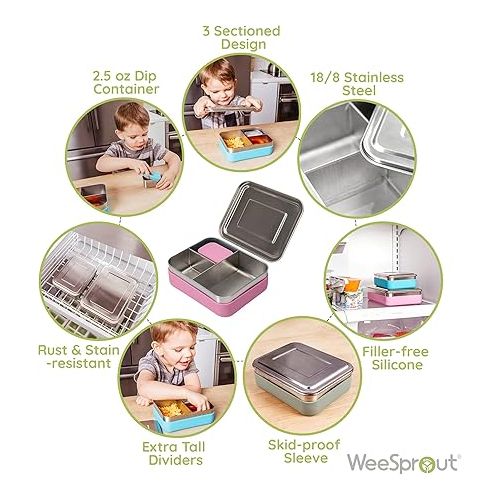  WeeSprout 18/8 Stainless Steel Bento Box (Compact Lunch Box) - 3 Compartment Metal Lunch Containers, for Kids & Adults, Bonus Dip Container, Fits in Lunch Bag & Backpack