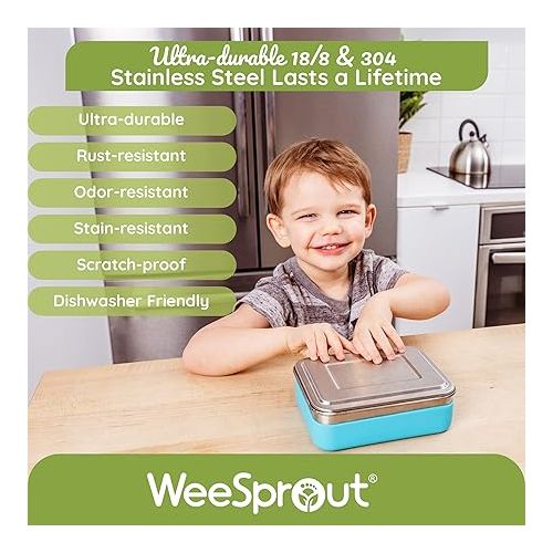  WeeSprout 18/8 Stainless Steel Bento Box (Compact Lunch Box) - 3 Compartment Metal Lunch Containers, for Kids & Adults, Bonus Dip Container, Fits in Lunch Bag & Backpack