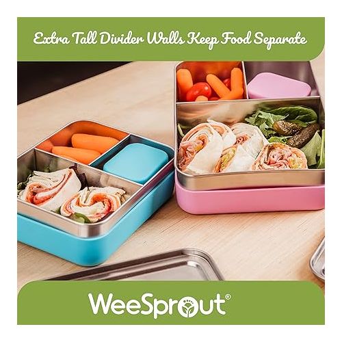  WeeSprout 18/8 Stainless Steel Bento Box (Compact Lunch Box) - 3 Compartment Metal Lunch Containers, for Kids & Adults, Bonus Dip Container, Fits in Lunch Bag & Backpack