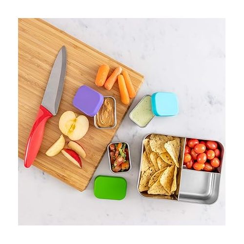  WeeSprout 18/8 Stainless Steel Condiment Containers With Lids - Set of 3 Small Salad Dressing Holders (2.5 oz) Dip Cups for Lunch Box, Leakproof Silicone Tops, Easy to Open