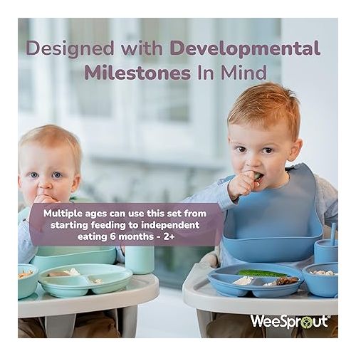  WeeSprout Baby Led Weaning Bundle, Silicone Suction Bowl, Spoons, Bib & Cup, Develops Self Feeding Skills, Dishwasher Safe (Confetti)