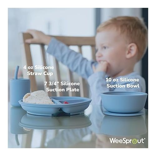  WeeSprout Baby Led Weaning Bundle, Silicone Suction Bowl, Spoons, Bib & Cup, Develops Self Feeding Skills, Dishwasher Safe (Confetti)