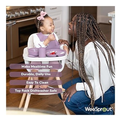  WeeSprout Baby Led Weaning Bundle, Silicone Suction Bowl, Spoons, Bib & Cup, Develops Self Feeding Skills, Dishwasher Safe (Confetti)