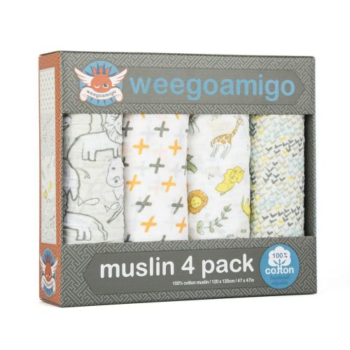  Weegoamigo Baby Muslin Swaddle Blanket 4 Pack - Safari, Multi