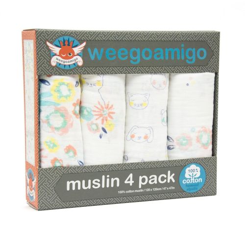  Weegoamigo Baby Muslin Swaddle Blanket 4 Pack - Bunny Floral, Multi