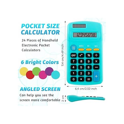  24 Pieces Pocket Size Calculator 8 Digit Display Basic Calculator Solar Battery Dual Power Mini Calculator for Desktop Home Office School Students Kids, 6 Colors