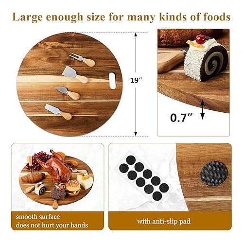  Round Charcuterie Board and Knife Set 19 Inch Wooden Cheese Board Kitchen Acacia Wood Boards for Food Circle Cutting Serving Boards for Home