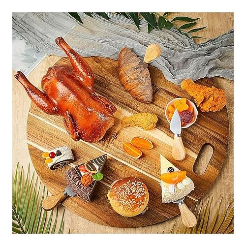 Round Charcuterie Board and Knife Set 19 Inch Wooden Cheese Board Kitchen Acacia Wood Boards for Food Circle Cutting Serving Boards for Home