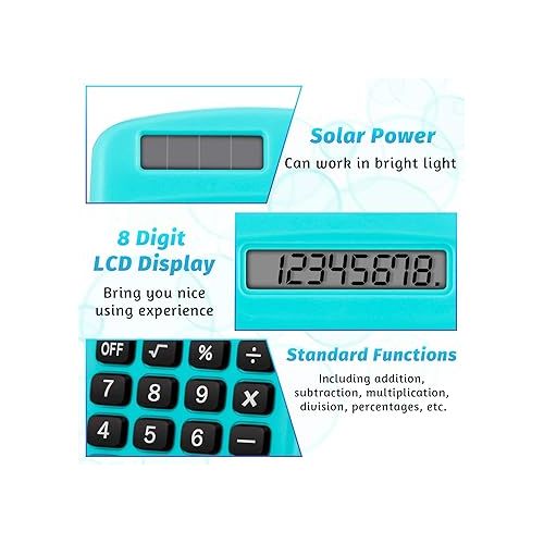  Pocket Size Calculator 8 Digit Display Basic Calculator Solar Battery Dual Power Mini Calculator for Desktop Home Office School Students Kids, 6 Colors (12 Pieces)