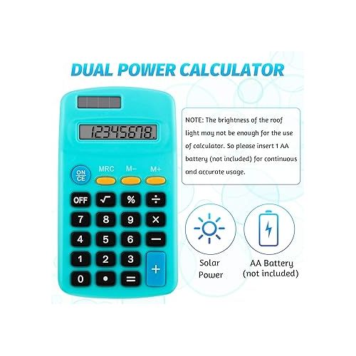  Pocket Size Calculator 8 Digit Display Basic Calculator Solar Battery Dual Power Mini Calculator for Desktop Home Office School Students Kids, 6 Colors (30)