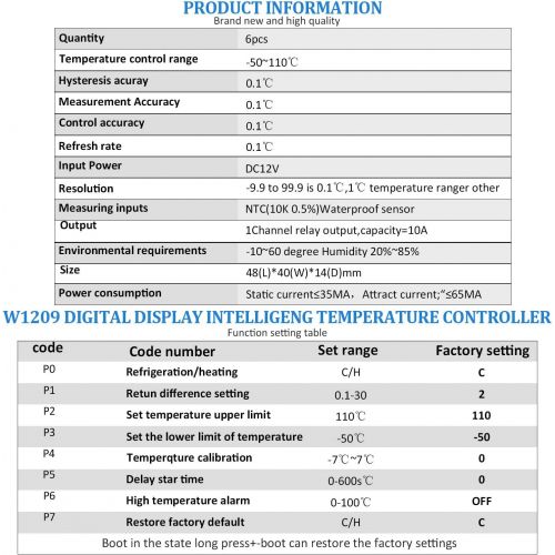  [아마존베스트]Weewooday 6 Pieces W1209 with Case 12V DC Digital Temperature Controller Board Micro Digital Thermostat -50-110 Degrees Celsius Electronic Temp Control Module Switch with Waterproo
