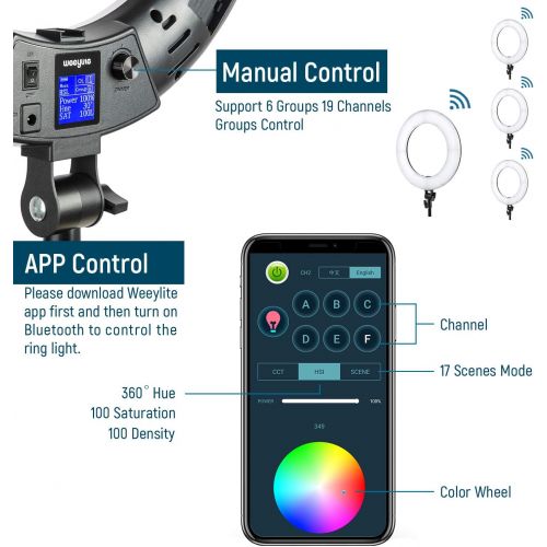  [아마존베스트]Weeylite 18-inch RGB LED Ring Light Kit with Stand Phone Holder APP Control, 2500K-8500K/CRI95/0-360 Hue/17 Scenes Lighting with LCD Screen 3 Type Plugs DC Adapter for Makeup Selfie YouTube