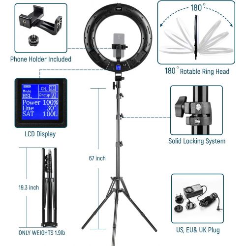  [아마존베스트]Weeylite 18-inch RGB LED Ring Light Kit with Stand Phone Holder APP Control, 2500K-8500K/CRI95/0-360 Hue/17 Scenes Lighting with LCD Screen 3 Type Plugs DC Adapter for Makeup Selfie YouTube