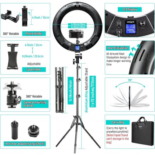  [아마존베스트]18 inch RGB Ring Light Kit, Weeylite 360° Full Color 17 Lighting Scenes 2500K-8500K Dimmable LED Ring Lights with Stand Phone & Ipad Holder/App Control/Wireless Remote for Makeup Y