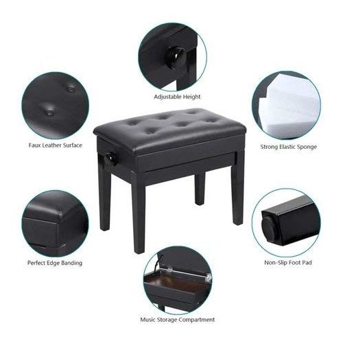  Wegi King Piano Bench,Leather Padded Seat Storage Bench Single Stool Adjustable Concert Keyboard Chair with Sheet Music Equipment Black