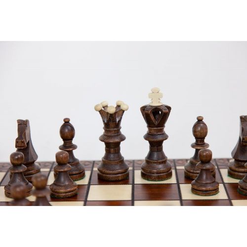  Wegiel Handmade European Ambassador Chess Set - Wooden 21 Inch Beech & Birch Board With Felt Base - Carved Hornbeam & Sycamore Wood Chess Pieces - Compartment Inside The Board To S