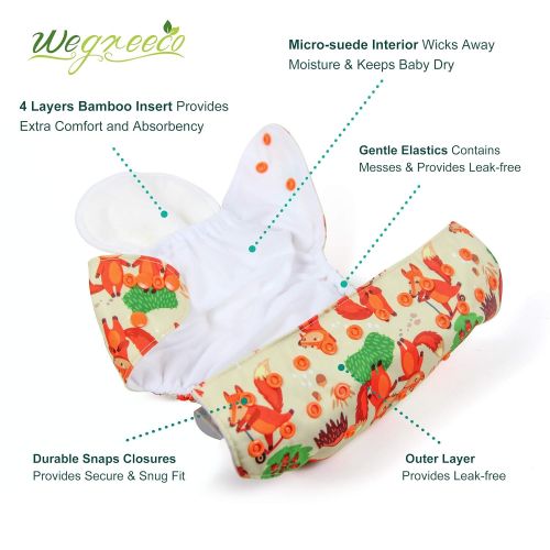  [아마존베스트]Wegreeco Washable Reusable Baby Cloth Pocket Diapers 6 Pack + 6 Bamboo Inserts (with 1 Wet Bag,Neutral Prints)