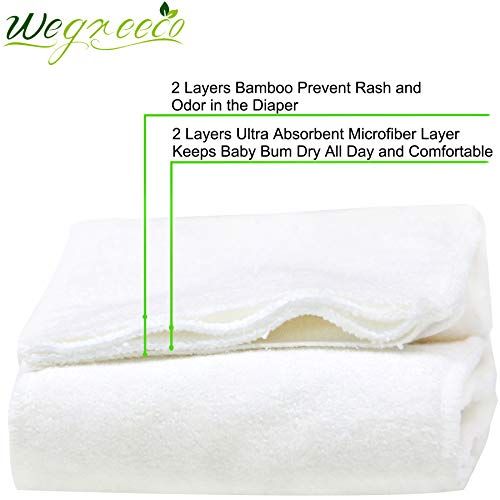  Wegreeco Reusable Soft 4 Layers 12 Pack Bamboo Inserts for Baby Cloth Diaper,High Absorbing Washable Liners